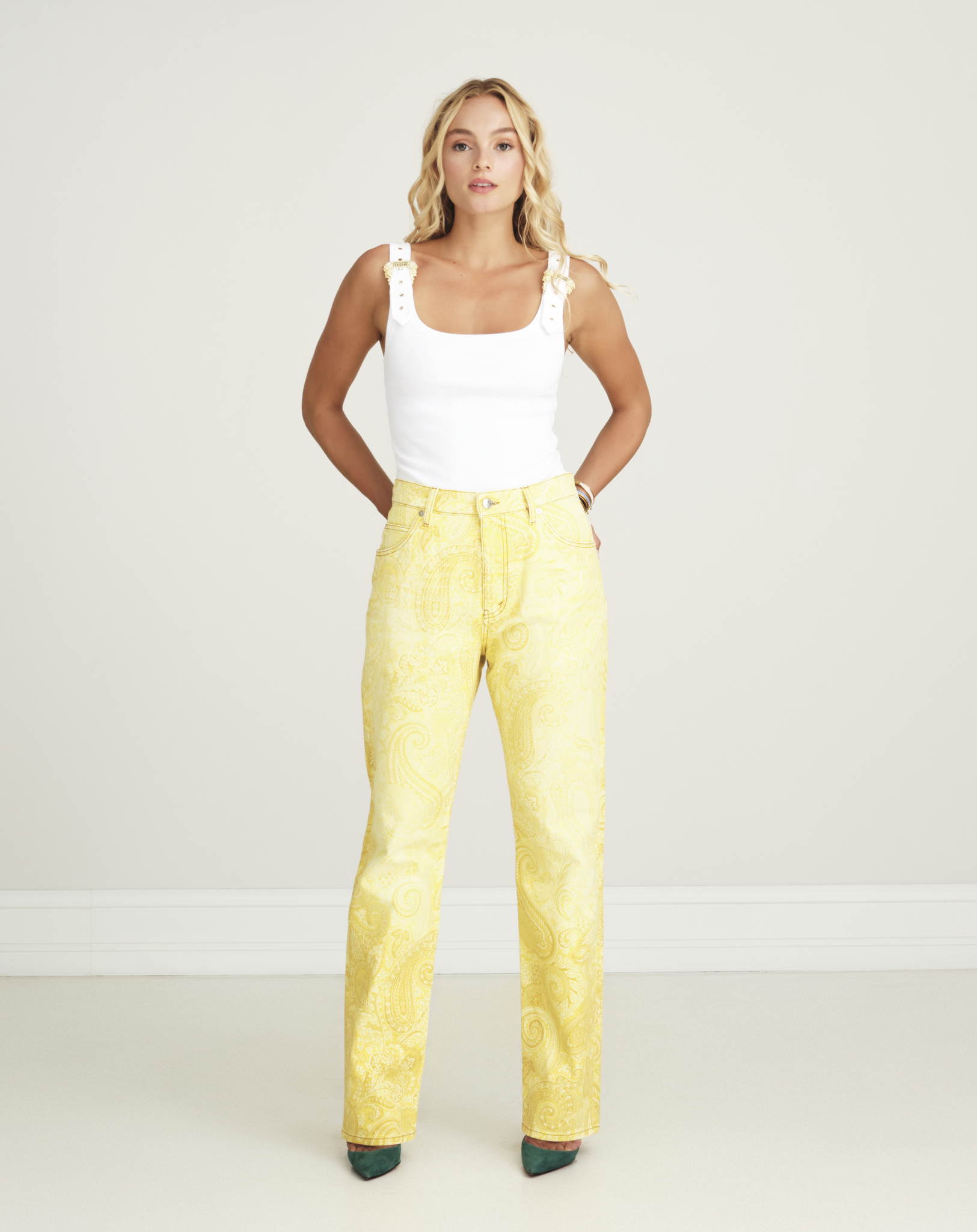 Etro - Yellow Paisley Printed High Rise Straight Jeans 30